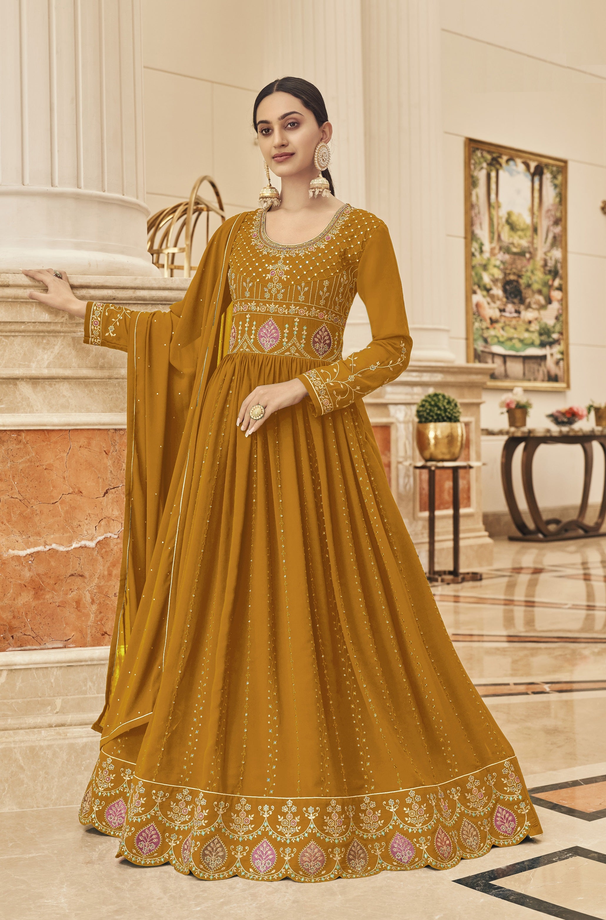 Beautiful Golden Color Net Embroidered with Heavy Hand Work Salwar Sui –  Sulbha Fashions
